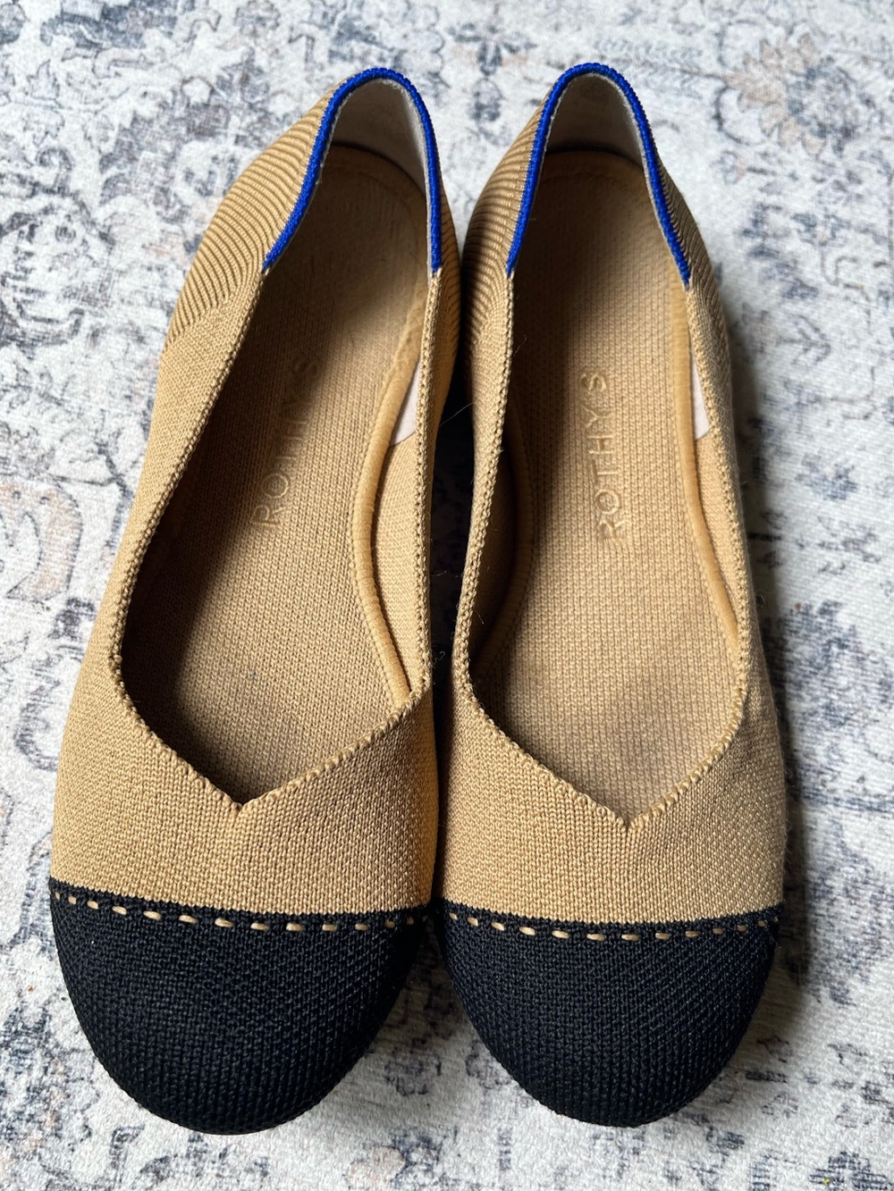 Rothy's Tan Knit Ballet Flats with Black Toe Cap